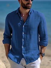 preiswerte Urlaub-Herren Hemd Leinenhemd Sommerhemd Strandbekleidung Freizeithemd Knopfhemd Einfach Urlaub Lässig Schwarz Weiß Rosa Blau Langarm Revers Frühling &amp; Sommer Bekleidung