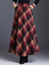 cheap Skirts-Women&#039;s Skirt A Line Swing Plaid Skirt Maxi High Waist Skirts Pocket Print Plaid Street Vacation Winter Elegant Fashion Red Blue Green Khaki