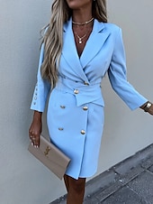preiswerte Kleider für die Arbeit-Damen Arbeitskleidung blazerkleid Etuikleid Modisch B¨¹ro Täglich Minikleid Doppelreihiger Verschluss Hemdkragen Langarm Glatt Lockere Passform Schwarz Weiß Grün Herbst Winter S M L XL