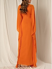 preiswerte ORANGE-Strandhochzeit Etuikleid Abendkleid Elegantes Kleid Formal Herbst Knöchellang Langarm V-Ausschnitt Chiffon mit Raffung Rüschen