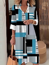olcso Csíkos és geometriai ruha-női ing ruha alkalmi ruha kültéri iroda napi divat modern ing gallér gomb zseb hosszú ujjú ősz tél laza illeszkedés geometrikus kockás színblokkolás