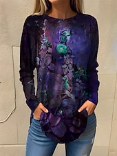 ieftine tricou floral-Pentru femei Tricou Floral Modă Manșon Lung Rotund Topuri obișnuite Concediu Sfârșit de săptămână Imprimeu Albastru piscină Mov Trifoi Primăvara &amp; toamnă