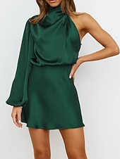 preiswerte abendkleider-Damen Abend Minikleid One-Shoulder Langarm Grün Blouson Cocktail Party Etuikleid