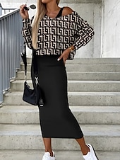ieftine Rochii set-Pentru femei Set de rochii Rochie casual Set fuste Rochie teacă Modă Șic Stradă Floral Geometric Imprimeu Rochii Midi Manșon Lung În V În aer liber Vacanță Negru Alb Galben Toamnă Iarnă Potrivire