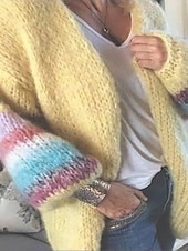 billige Cardigans og yttertøy-Dame Cardigan Genser Stilfull Fritid Myk Geometrisk Fargeblokk Stripet Riflet Åpen Forside Lapper Langermet Lange topper Strikke Daglig Ut på byen Helg Gul Lysegrønn Høst Vinter