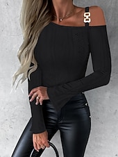 ieftine Topuri sexy de damă-cămașă de damă texturată casual decupată mânecă clopot mânecă lungă topuri obișnuite un umăr negru alb toamnă/toamnă