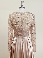 cheap CHAMPAGNE-Mermaid Sequin Evening Gown Ruched Champagne Satin Dress Long Sleeves Masquerade Floor Length Illusion Neck with Pearls Overskirt dress 2025