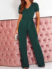 abordables combinaisons de fête-combinaison femme lacets perles couleur unie col v élégant bureau coupe régulière manches courtes noir armée vert rouge s m l automne
