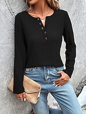 cheap Plain Tops-Women&#039;s Shirt Lace Shirt Blouse Eyelet top Color Block Plain Fashion Long Sleeve Round Neck Regular Tops Work Buttons Black White Purple Brown Beige Spring &amp;  Fall