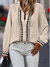 economico Top Semplici da Donna-Camicia da donna moda bottoni ricamati maniche lunghe top regolare colletto casual nero bianco rosa blu beige primavera e autunno