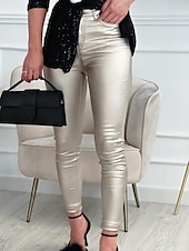 cheap Party women&#039;s Pants-Women&#039;s Slim Pants Trousers Fashion Streetwear Metallic Full Length Mid Waist Solid Color Pocket Shiny Metallic Comfort Breathability Soft Micro-elastic Vacation Party Street Silver Fuchsia Fall