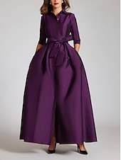 preiswerte GELB-A-Linien-Abendkleid Champagner Gold Minimalistisches Kleid Formal Hochzeitsgast Bodenlang Halber Ärmel Hemdkragen Satin mit Schleife(n) Falten