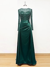 cheap CHAMPAGNE-Mermaid Sequin Evening Gown Ruched Champagne Satin Dress Long Sleeves Masquerade Floor Length Illusion Neck with Pearls Overskirt dress 2025