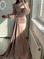 preiswerte Rosa-Meerjungfrau Pailletten Abendkleid Vintage Kleid formell Black Tie bodenlang lange Ärmel V-Ausschnitt Charmeuse mit Knöpfen Perlen Maskerade Kleid