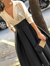 economico NERO-Abito da sera A-line elegante abito tuxedo invitata a matrimonio abito black tie lunghezza piedi maniche lunghe scollo a V autunno in raso con tasca arricciata 2025