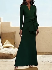 economico Lunghezza del pavimento-Abito madre della sposa A-Line abito smoking formale per matrimonio elegante scollo a V lunghezza del pavimento in raso maniche lunghe con arricciature taglia personalizzata gratuita