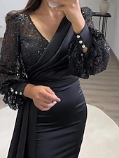 preiswerte Rosa-Meerjungfrau Pailletten Abendkleid Vintage Kleid formell Black Tie bodenlang lange Ärmel V-Ausschnitt Charmeuse mit Knöpfen Perlen Maskerade Kleid