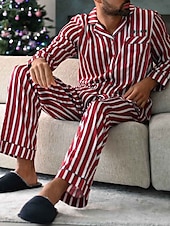 billige Pyjamas-Herre lounge Nattøy Pyjamas Sett Pyjamas topp og bukse 2 deler Stripe Stilfull Fritid Komfort Hjem Daglig Bomullsblanding Komfort Knaphul Langermet Skjorte Bukse Snorer Elastisk midje Sommer Vår Rød
