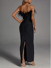 economico NERO-Abito nero a piume da sera elegante abito formale cravatta nera lunghezza alla caviglia senza maniche strappo senza spalline in spandex con spacco abito da masquerade