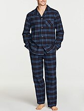 baratos Pijamas-Homens Loungewear Roupa de Dormir Conjunto de Pijama Top e calça de pijama 2 Peças Xadrez à moda Casual Conforto Casa Diário Algodão Conforto Lapela Manga Longa Camisa Social Calça Com Cordão Cintura
