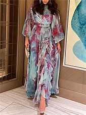 billiga Casual blommiga klänningar-kvinnors vinterklänning slida klänning tie dye ruched volang v-ringad lång klänning maxiklänning daglig semester långärmad höst vinter