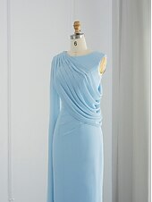 preiswerte BLAU-Sheath Abendkleid elegantes Kleid formelles Fall-Sweep-/Pinselzug ärmelloses Cowl-Ausschnitt Chiffon mit Feder Raffung Schlitz 2025