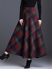 cheap Skirts-Women&#039;s Skirt A Line Swing Plaid Skirt Maxi High Waist Skirts Pocket Print Plaid Street Vacation Winter Elegant Fashion Red Blue Green Khaki