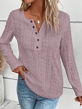 cheap Plain Tops-Women&#039;s Shirt Lace Shirt Blouse Eyelet top Color Block Plain Fashion Long Sleeve Round Neck Regular Tops Work Buttons Black White Purple Brown Beige Spring &amp;  Fall