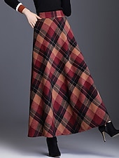 cheap Skirts-Women&#039;s Skirt A Line Swing Plaid Skirt Maxi High Waist Skirts Pocket Print Plaid Street Vacation Winter Elegant Fashion Red Blue Green Khaki