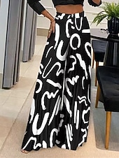 ieftine picior lat și talie înaltă-Pentru femei Picior Larg Pantaloni Modă Șic Stradă Lungime totală Talie Înaltă Geometric Scrisă Imprimare Cut înalt Confort Respirabilitate Απαλό Micro-elastic Vacanță Stradă Zilnic Caisă Negru