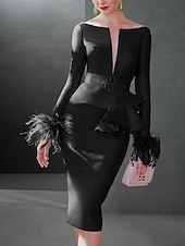 abordables Longueur du thé-Robes de Cocktail Svelte Élégante Robe Formelle Automne Longueur Genoux Manches Longues Col V Ceinture  Ruban Tissu Extensible avec Volants en Plumes Robe de Jour de Course taille sur mesure gratuite