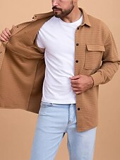 economico camicie di flanella-Per uomo Camicia a nido d&#039;ape Maglia Henley a nido d&#039;ape Giacca camicia Sopracamicia Semplice All&#039;aperto Abbigliamento quotidiano Nero Bianco Marrone Manica Lunga Bavero Autunno &amp; Inverno