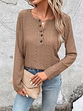 cheap Plain Tops-Women&#039;s Shirt Lace Shirt Blouse Eyelet top Color Block Plain Fashion Long Sleeve Round Neck Regular Tops Work Buttons Black White Purple Brown Beige Spring &amp;  Fall