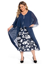 levne Kolekce nadměrných velikostí-dámské plus size křivky pracovní šaty květinové v střih nařasený 3/4 rukáv jarní podzim pracovní elegantní midi šaty formální šaty na dovolenou / vrstvené / potisk