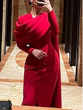 abordables ROUGE-Robe Svelte Rouge Noir Rouge Vert de Noël Robe de Soirée Élégante Robe Cape Formelle Automne Traîne Balayée  Brosse Manches Longues Col Boulé Tissu Extensible avec Boutons Fente robe à impressionner