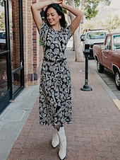 cheap Print Casual Dress-Floral Crew Neck Maxi Dress