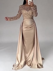 cheap CHAMPAGNE-Mermaid Sequin Evening Gown Ruched Champagne Satin Dress Long Sleeves Masquerade Floor Length Illusion Neck with Pearls Overskirt dress 2025