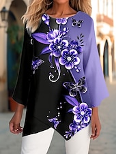 cheap Floral Tops-Women&#039;s Blouse Chiffon Floral Print Long Sleeve Long Tops Round Neck Casual Holiday Yellow Blue Green Spring &amp;  Fall