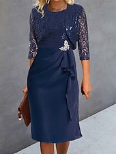 levne Šaty s romantickými krajkami-dámské svatební host koktejlové šaty set šifon krajka patchwork elegantní jaro podzim midi šaty posádka výstřih 3/4 rukáv tmavě modrá