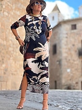 billige Blomstrete kjoler-kvinners tre delt print crew neck maxi lang kjole daglig ferie langermet sommer våren