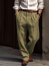 cheap Business-Men&#039;s Linen Pants Trousers Summer Pants Pleated Pants Dress Slacks Front Pocket Straight Leg Plain Comfort Breathable Casual Daily Holiday Fashion Basic Black White