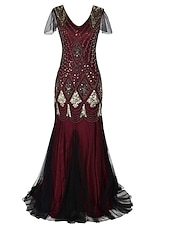preiswerte 1920er Kleider-Goldene Zwanziger 1920er Bodenlang Kleid Abendkleid Weihnachtsfeier Kleid Kurze Ärmel Der große Gatsby Hochzeitsgast Pailletten V Ausschnitt Kostüm Damen Karneval Maskerade Abschlussball
