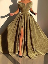 economico GIALLO-Abito da sera A-Line abito scintillante abito formale autunno strascico senza maniche off shoulder paillettes con spacco abito da mascherata 2025