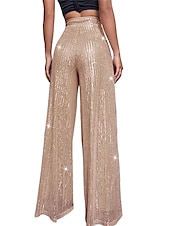 cheap Party women&#039;s Pants-Women&#039;s Wide Leg Pants Trousers Sparkly Pants Elegant Fashion Sparkle Full Length High Waist Plain Sequins Comfy Micro-elastic Party Street Party &amp; Evening claret M beige Pink gold Black Summer Spring