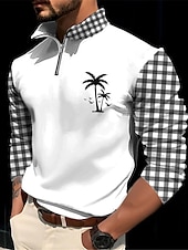 levne Dovolená-Kentucky Derby Pánské Pléd Kokosový strom Polo na zip Golfové polokošile Dlouhý rukáv Polo tričko Zip Na běžné nošení Venkovní Běžné / Denní Streetwear 3D Tisk Podzim zima Bílá Vodní modrá Trávov