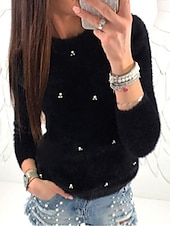 billige Solide farger-Dame Pullover genser Stilfull Fritid Myk Helfarge Riflet Crew-hals Perler Langermet Vanlige topper Strikke utendørs Daglig Ut på byen Svart Hvit Høst Vinter