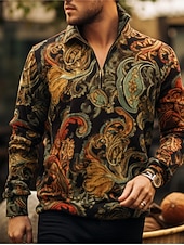 Men's Paisley Zip Polo Shirts Golf Shirt Long Sleeve Polo Shirts Collared Shirts Vintage Casual Vacation Wear Party Outfits 3D Print Quarter Zip Polo Fall & Winter Black3