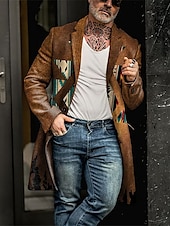 cheap Men&#039;s Print Lightweight Coats-Men&#039;s Tribal Geometry Bandana Print Winter Coat Overcoat Coat Warm Breathable Comfortable Vintage Business Casual Work Wear to work Going out Pocket Print Fall &amp; Winter Stand Collar Long Sleeve Brown