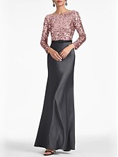 cheap Evening Dresses-Sheath / Column Evening Gown Elegant Dress Formal Fall Ankle Length Long Sleeve Scoop Neck Belt / Sash Satin with Glitter Strappy 2023