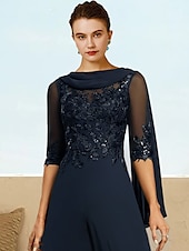 cheap Mom&#039;s Jumpsuits-Jumpsuit / Pantsuit Mother of the Bride  Formal Wedding Guest Elegant Cowl Neck Floor Length Lace Stretch Chiffon Half Sleeve with Sequin Appliques 2025 free custom size